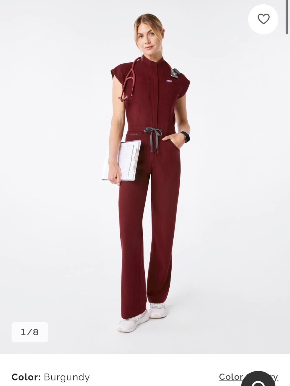 FIGS Women's Zip-Front Scrub Jumpsuit in Burgundy